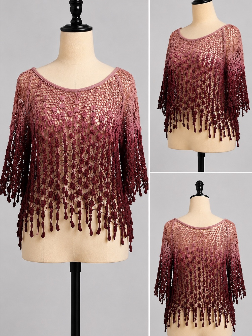 Free People Ombre Crochet Fringe Top Pink Burgundy Boho Festival Size XS